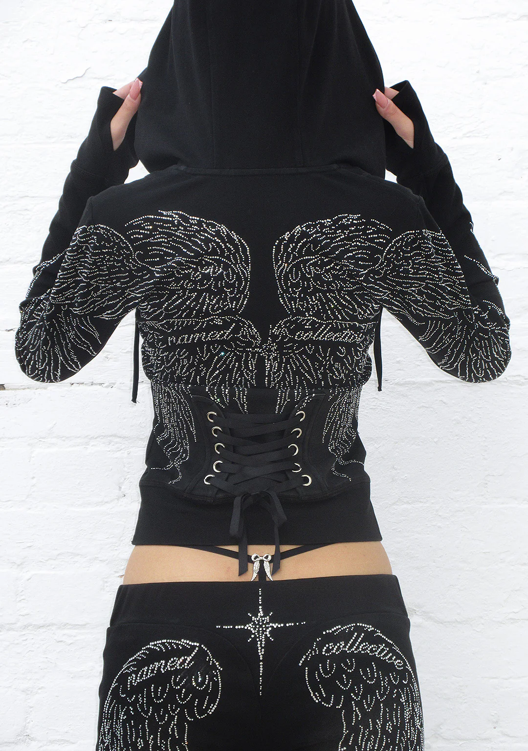 FALLEN RHINESTONE SCULPT STRETCH HOODIE WASHED BLACK - Image 3