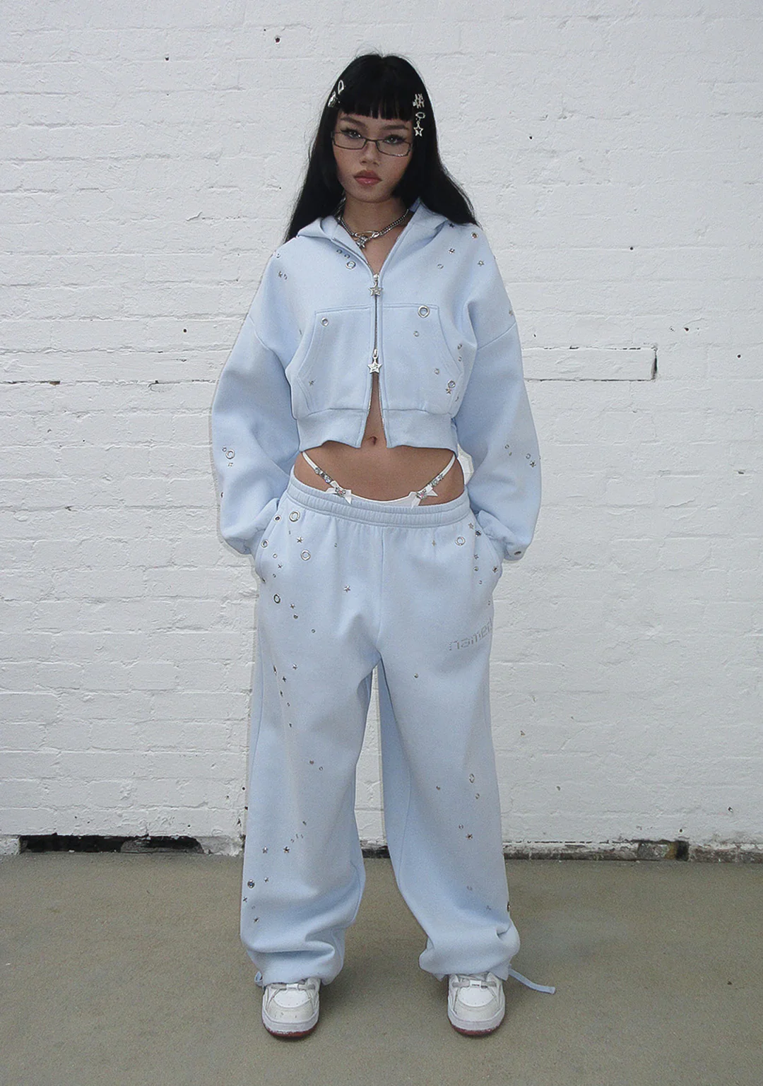 GLITCH EYELET OVERSIZED SWEATPANTS BABY BLUE - Image 2