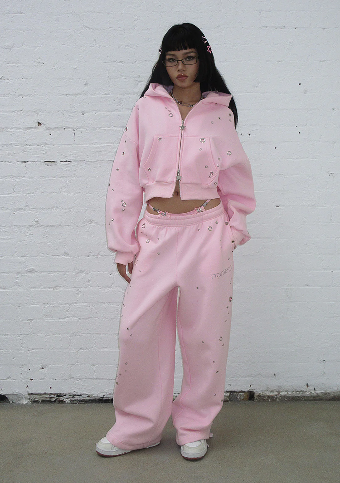 GLITCH EYELET OVERSIZED SWEATPANTS BABY PINK - Image 2