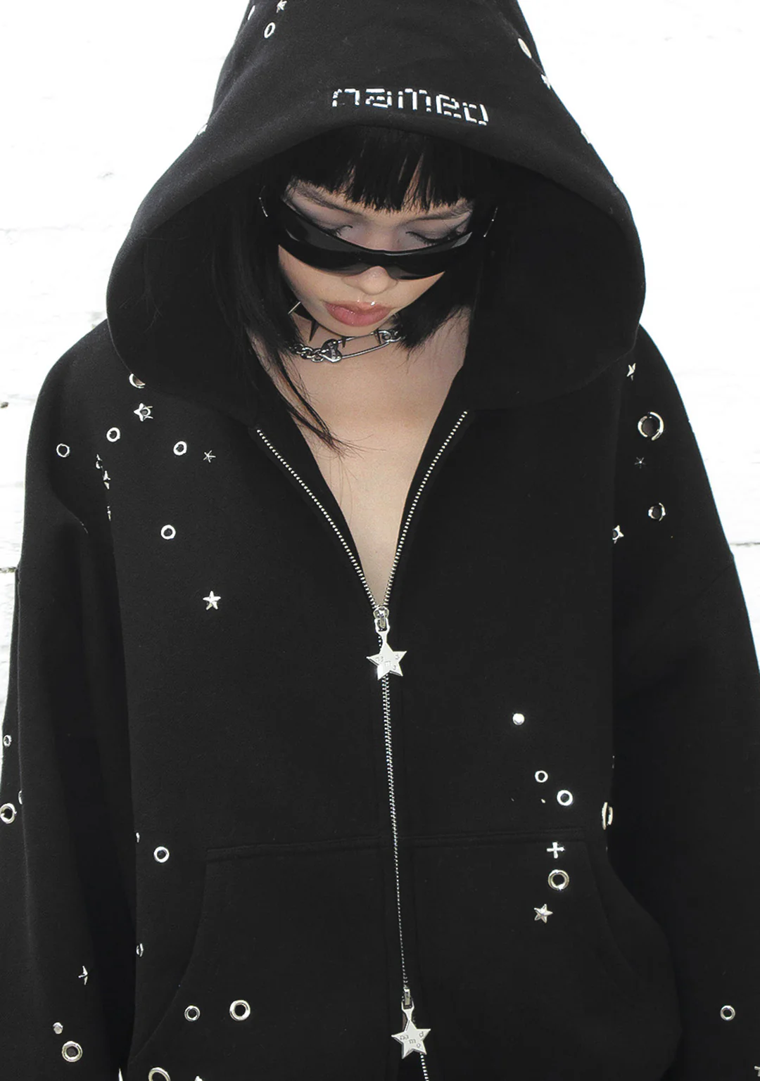 GLITCH EYELET ZIP HOODIE BLACK - Image 3