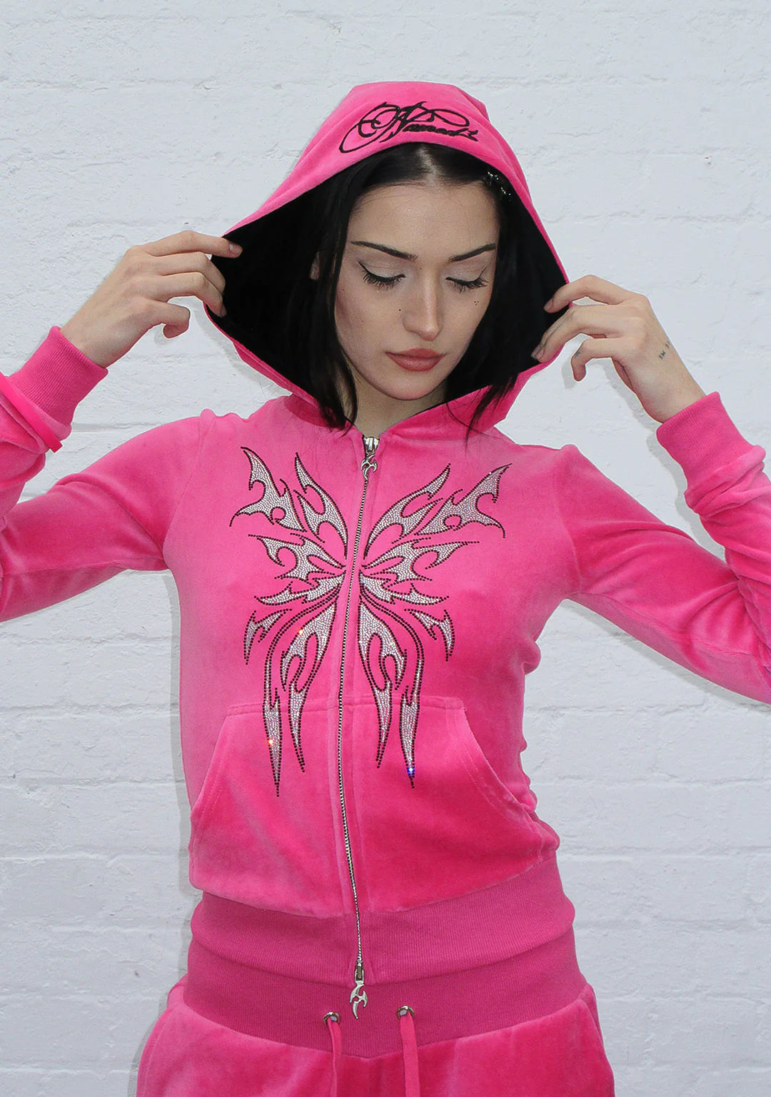 IDOL RHINESTONE VELOUR FITTED ZIP HOODIE HOT PINK - Image 2