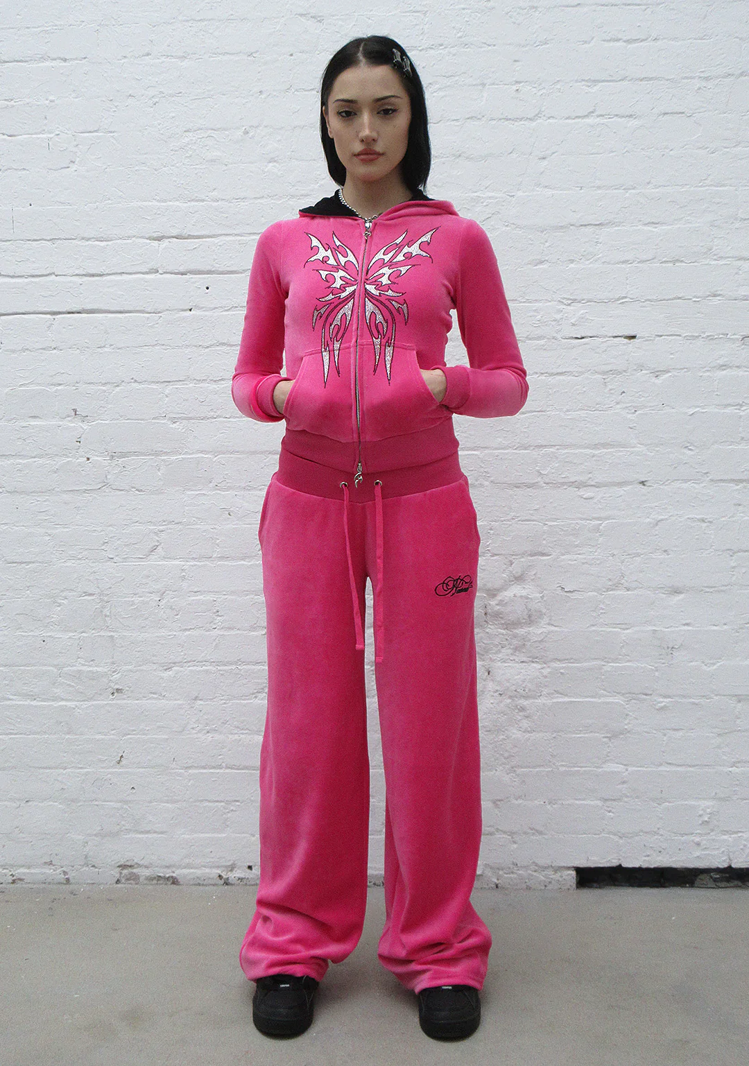 IDOL RHINESTONE VELOUR FITTED ZIP HOODIE HOT PINK - Image 3