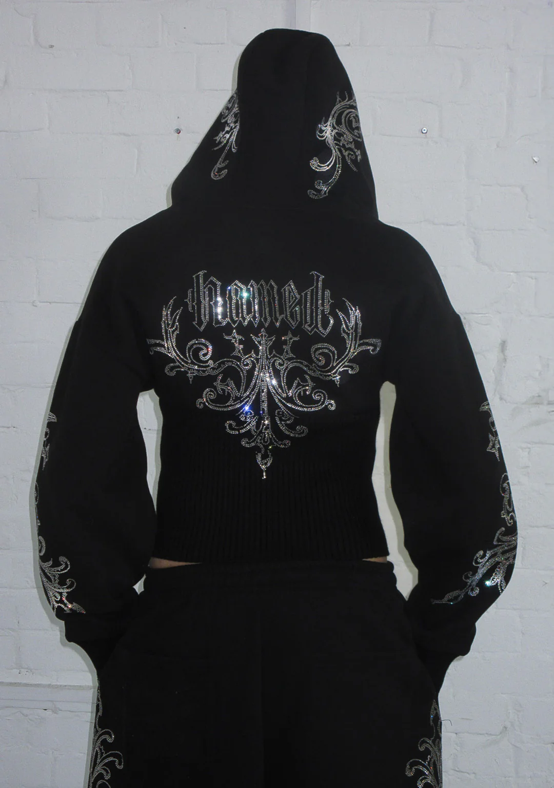 NOCTURNAL RHINESTONE FITTED WAIST ZIP HOODIE BLACK - Image 4