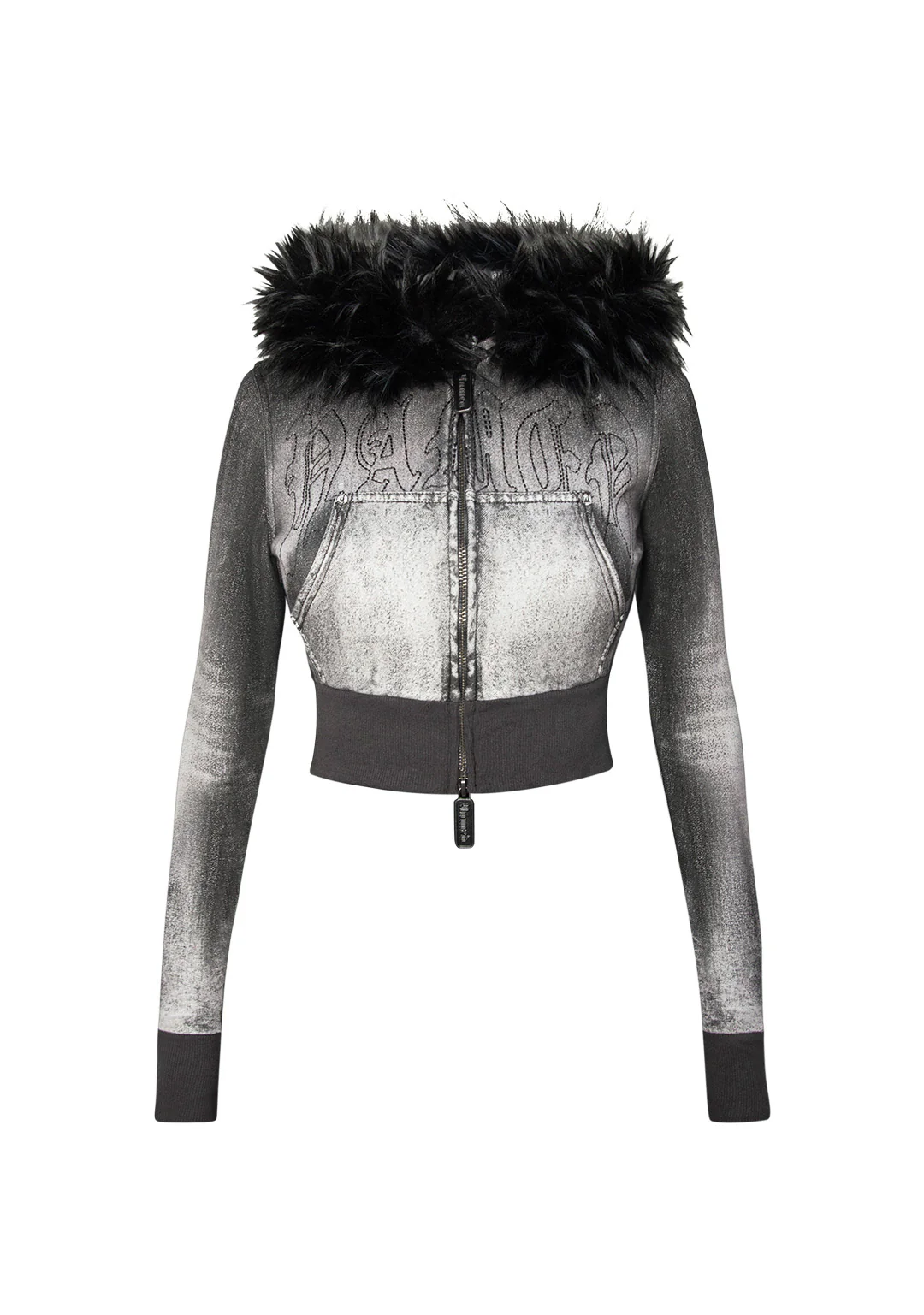 OFF GRID FAUX FUR DENIM EFFECT FITTED ZIP HOODIE WASHED BLACK (DETACHABLE FUR)