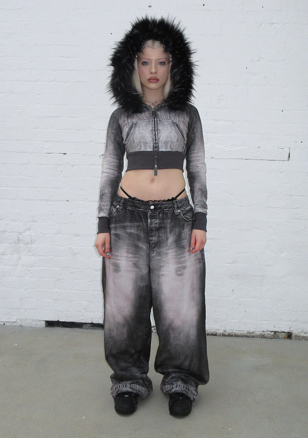 OFF GRID FAUX FUR DENIM EFFECT FITTED ZIP HOODIE WASHED BLACK (DETACHABLE FUR) - Image 2