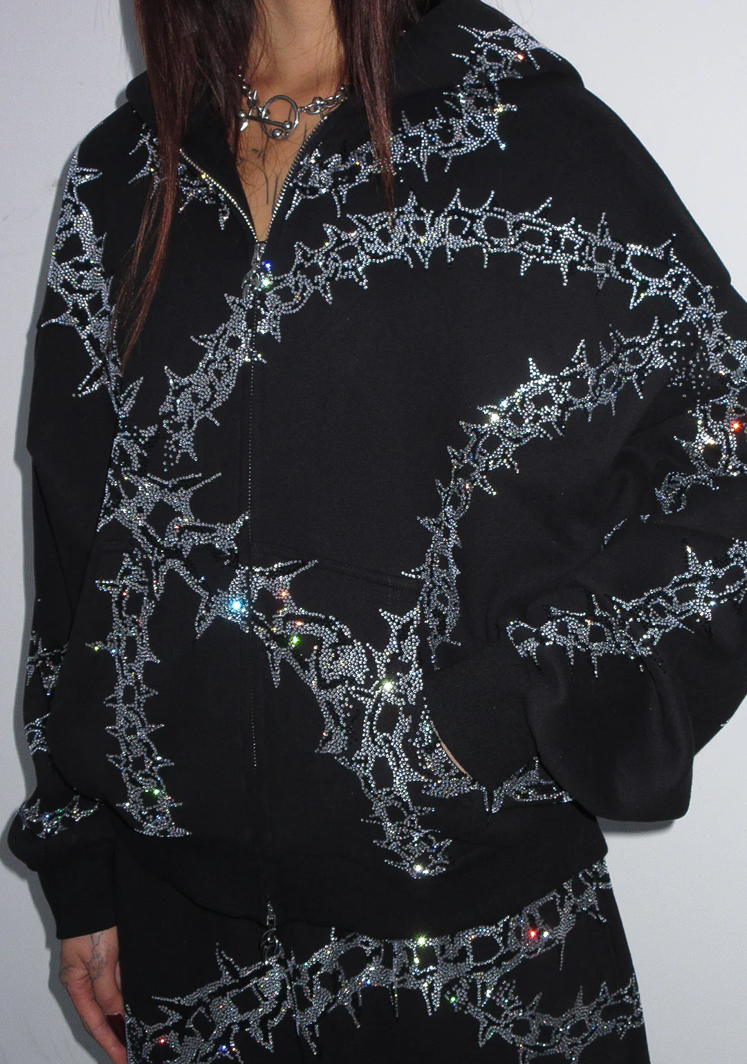 OMEN RHINESTONE ZIP HOODIE BLACK - Image 5