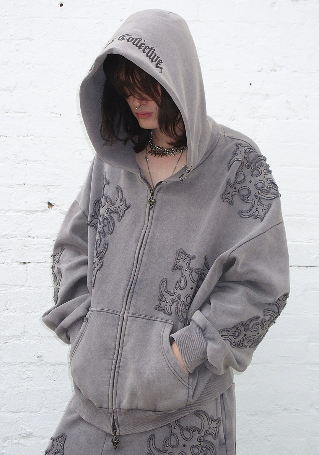 SINNER STUDDED ZIP HOODIE GREY VINTAGE WASH - Image 3