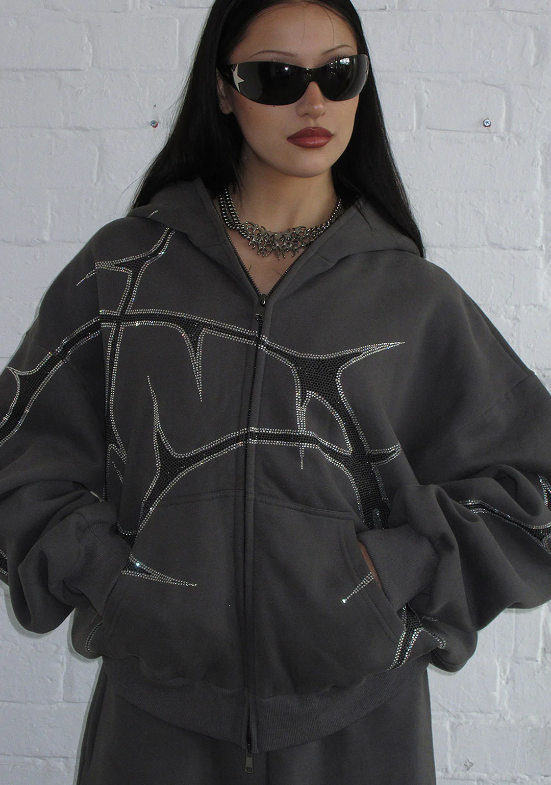 THORN RHINESTONE ZIP HOODIE CHARCOAL - Image 2